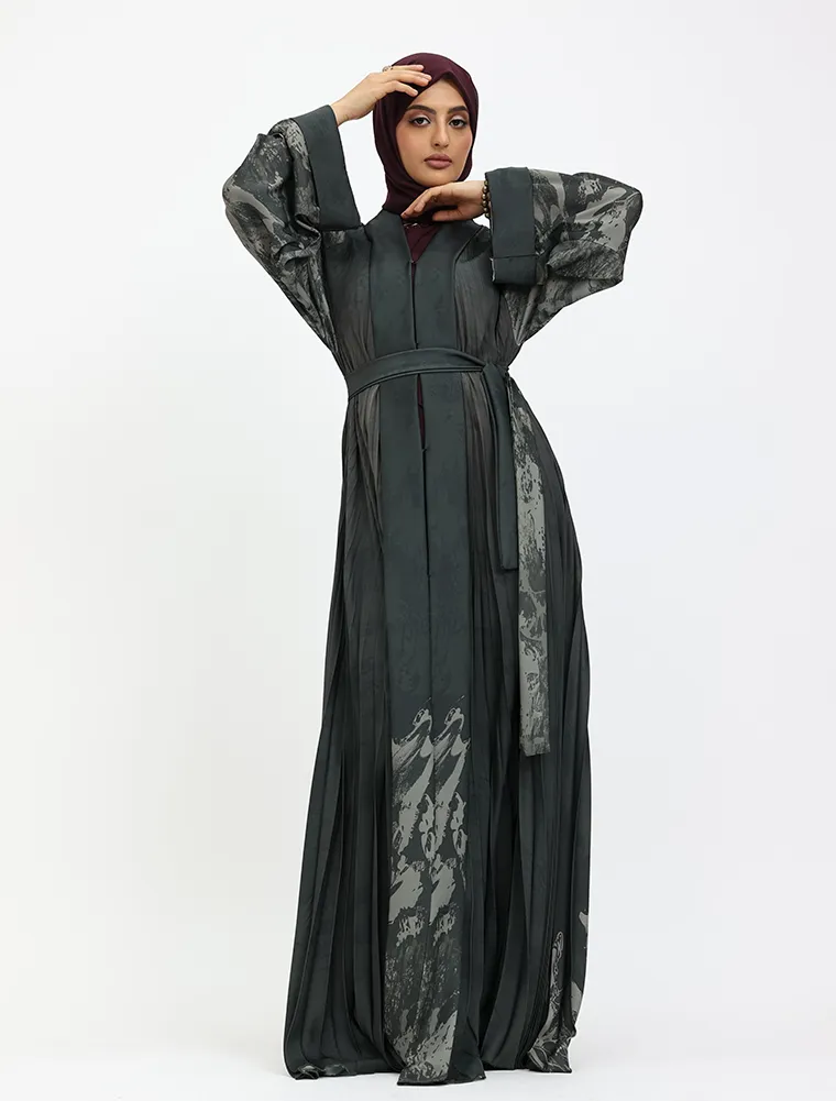 Green Marble Pleated Silhouette Abaya